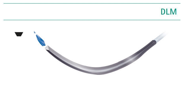Lancet (spatula) needles:  Illustration of a curved lancet (spatula) needle labeled ‘DLM’, showing a flattened needle shape used for specialized applications, displayed in an overview of suture needle types