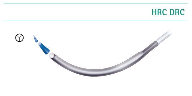 Round bodied needle with short, cutting tip:  Illustration of a curved round bodied needle labeled ‘HRC DRC’, showing a short cutting tip designed for piercing tough tissue, presented in an overview of suture needle types.