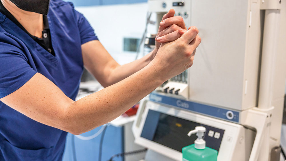 A veterinarian in blue scrubs rubbing their hands together to apply disinfectant near medical equipment.
