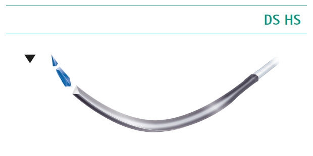 Cutting needles:  Illustration of a curved cutting needle labeled ‘DS HS’, showing the needle shape and cutting tip as part of an overview of suture needle types.