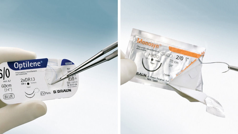Side-by-side images of gloved hands handling suture packaging. The left image shows forceps removing an Optilene® 6/0 blue suture from a clear blister pack, and the right image shows a Monosyn® 2/0 suture being opened, with the suture thread partially pulled from the packaging, against a light blue background.