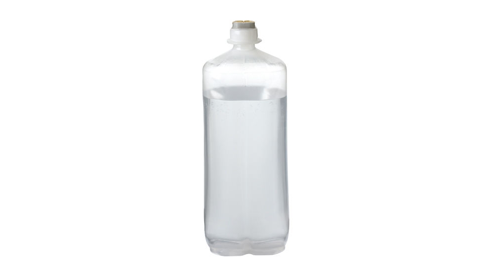 A transparent Ecoflac infusion bottle filled with clear liquid, shown upright against a white background.