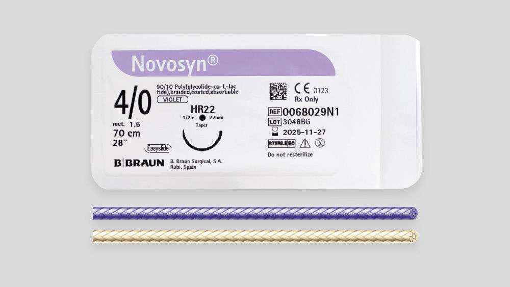 Novosyn® absorbable suture packaging shown under the heading ‘Properties and features’, with product label displaying thread size (USP 4/0), needle type, suture length, CE marking, and B. Braun branding, and the braided suture thread visible below the package