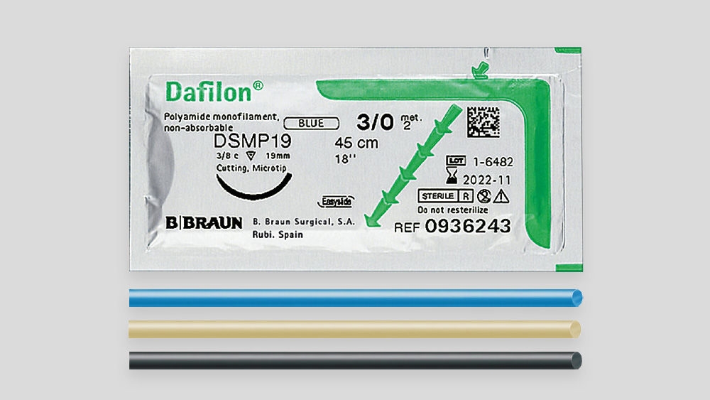 Dafilon® non‑absorbable monofilament polyamide suture by B. Braun, size 3/0 with 45 cm thread length, shown in sterile packaging with product label, barcode, and reference number, displayed against a white background for clinical or surgical use.