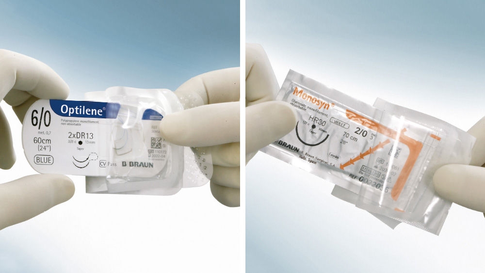 Side-by-side images of gloved hands holding suture packages in clear blister packaging. The left image shows an Optilene® 6/0 blue suture, 60 cm, and the right image shows a Monosyn® 2/0 suture, both with B. Braun branding, against a light blue background.