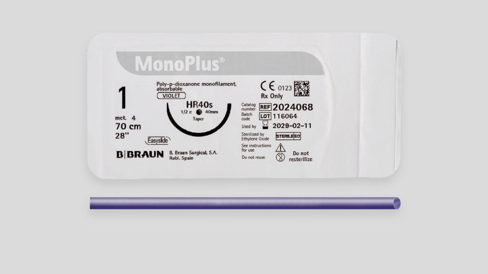 MonoPlus® absorbable suture packaging with product label showing thread size, needle type, length, and B. Braun branding.
