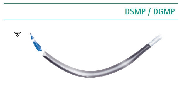 Cutting needles with microtips:  Illustration of a curved cutting needle labeled ‘DSMP / DGMP’, showing a fine cutting tip with microtip design as part of an overview of suture needle types.