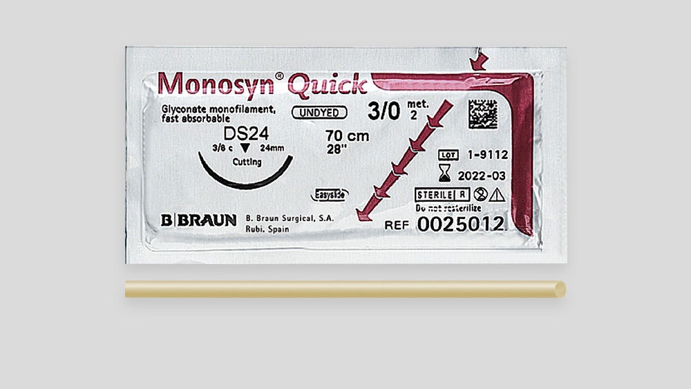Monosyn® Quick absorbable suture packaging showing the product label with thread size (USP 3/0), needle type, suture length, CE marking, and B. Braun branding, with the suture thread displayed below the package