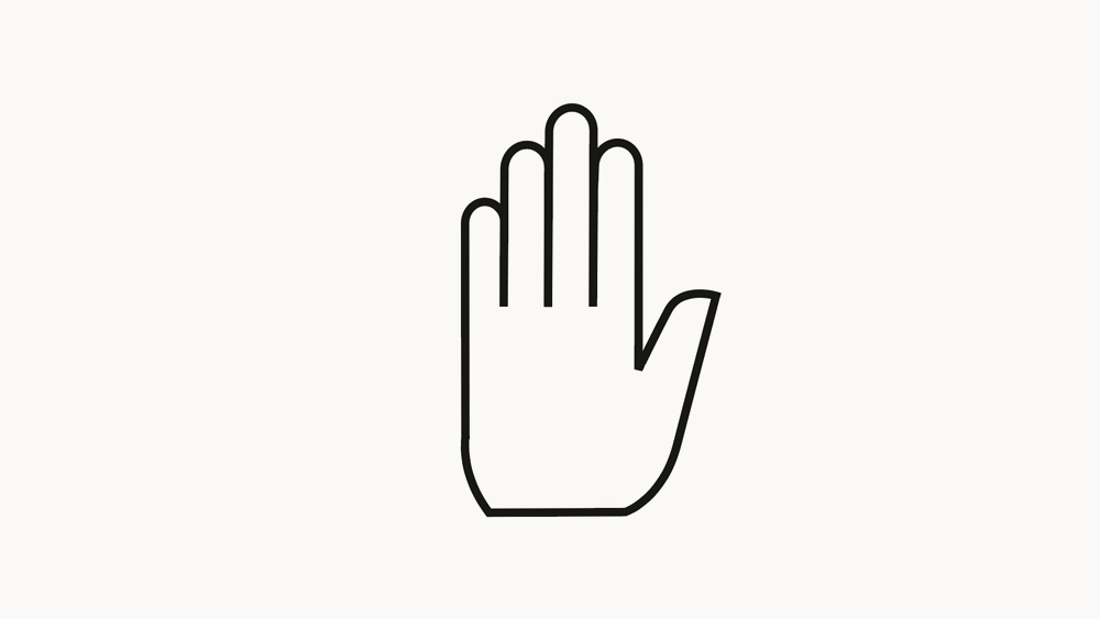 Simple black line icon of an upright hand with fingers extended.