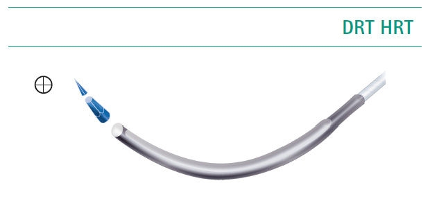 Round bodied needle with trocar tip:  Illustration of a curved round bodied needle labeled ‘DRT HRT’, showing a four‑sided trocar cutting tip as part of an overview of suture needle types.