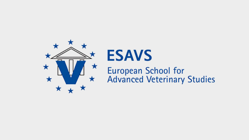 Logo of ESAVS, featuring a blue stylized symbol surrounded by stars, with the text “ESAVS – European School for Advanced Veterinary Studies.