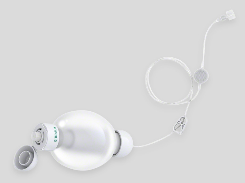 Easypump® II elastomeric infusion pump shown on a light gray background, featuring the balloon reservoir, tubing, and connector components.