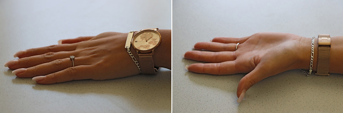 Reference images show hands wearing rings a watch and artificial fingernails marked as best avoided. 