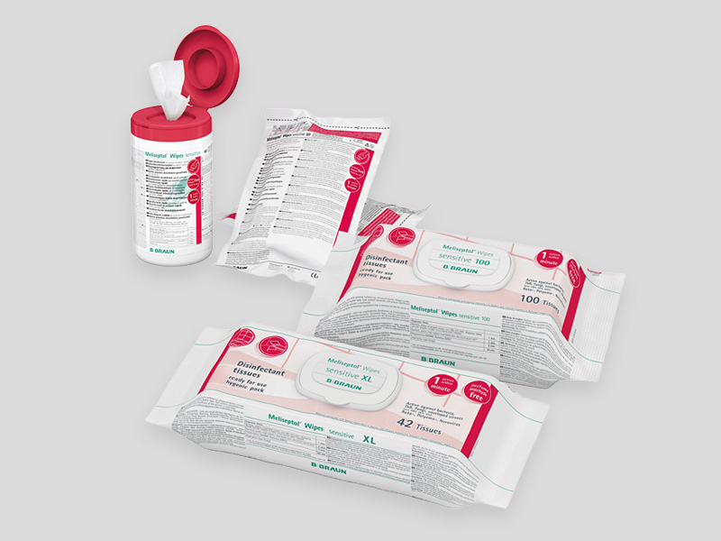 B. Braun surface disinfectant wipes shown as a dispenser box and refill packs