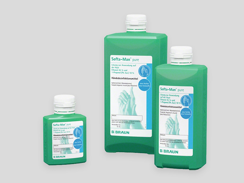 Three green B. Braun Softa-Man® pure hand disinfectant bottles in different sizes standing on a light gray background.