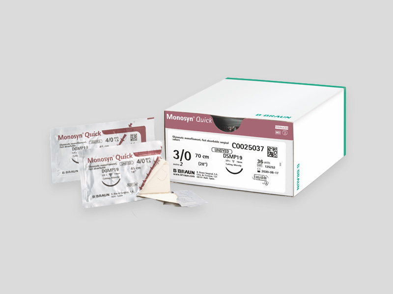 Product display for Optilene® monofilament, non‑absorbable suture, with a green information panel on the left and product packaging on the right, including a white box and several individually wrapped suture packs.