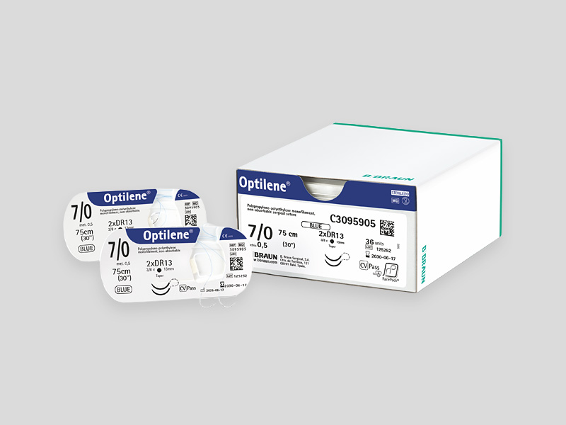 Product display for Optilene® monofilament, non‑absorbable suture, with a green information panel on the left and product packaging on the right, including a white box and several individually wrapped suture packs.