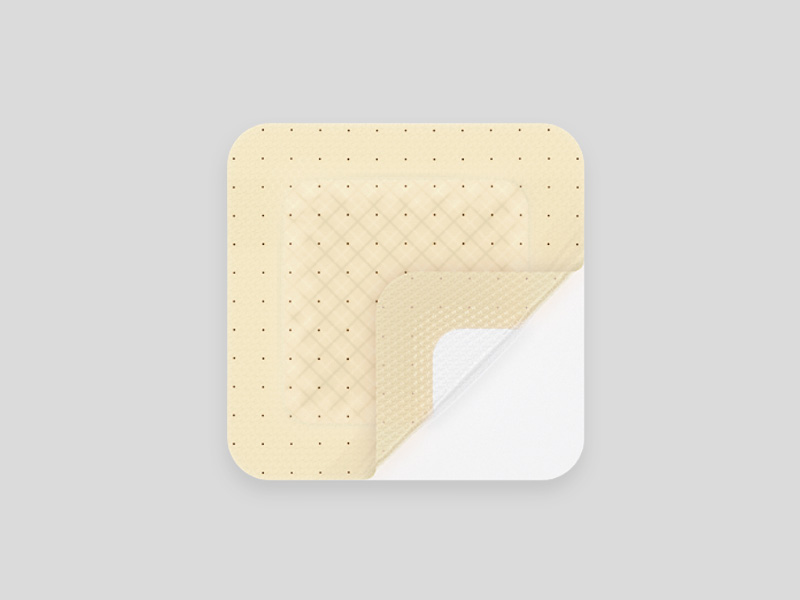 Square beige dressing with perforations and one corner peeled back.